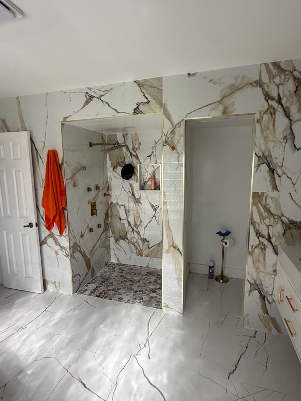 Marble shower and toilet room openings before the glass was installed