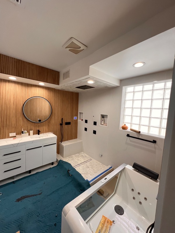 Open corner shower before the glass enclosure was installed